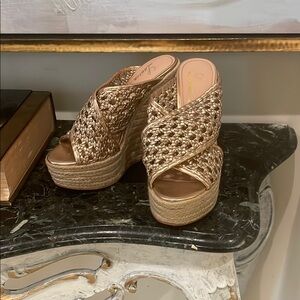 Gold Woven Lauren Lorraine Platform Wedge Sandals